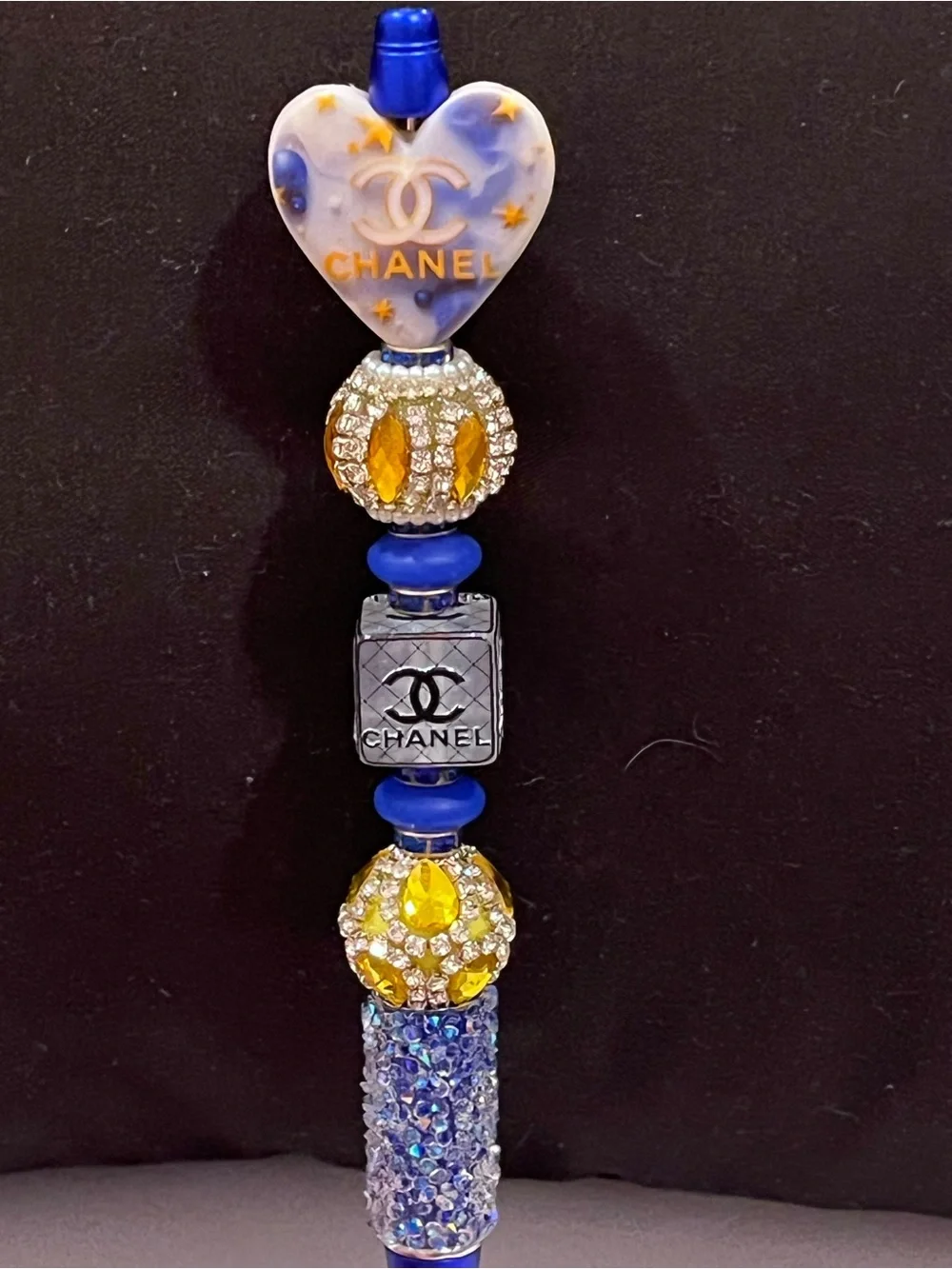 Designer inspired Blue and Gold silicone focal fancy beaded pen